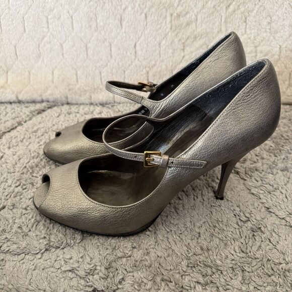STUART‎ WEITZMAN Bronze Silver Leather Peep Toe Mary Jane Heels Italy Sz 9M - Picture 1 of 15